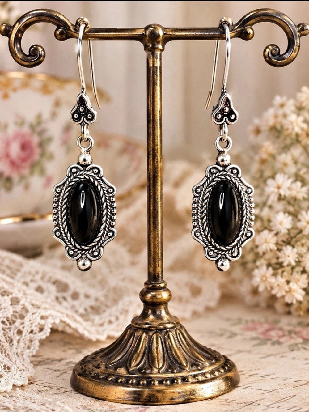 Earrings Black Onyx Gemstone & 925 Sterling Silver Ornate Setting Dangle